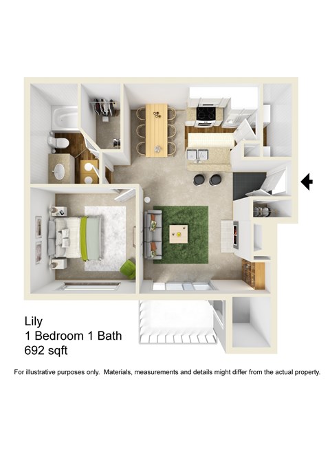 Floor plan for 1 bed, 1 bath, 692 sqft